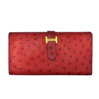【二手名牌BRAND OFF】HERMES 愛馬仕【再降價】紅色 鴕鳥皮 Bearn 雙折 長夾 口Q刻印