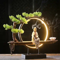 Porcelain Guan Yin Statue Set with LED Light Meditation Buddha Kuan Yin Incense Burner Quan Yin Statue Artificial Bonsai