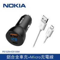 【NOKIA 諾基亞】 38W PD+QC 液晶顯示車充 P6102N + Micro USB手機充電線100cm E8100M