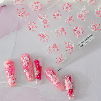 1 Sheet 5D Realistic Relief Beauty White Edge Pink Gouache Blossoming Flowers Adhesive Nail Art Stickers Decals Manicure Charms