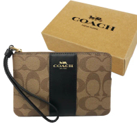 【COACH】C LOGO直紋零錢手拿包附原廠禮盒(焦糖/黑)