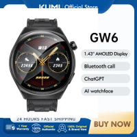 KUMI GW6 1.43" AMOLED screen Bluetooth call IP68 Waterproof NFC 100+ Sport Heart Rate Blood Pressure Oxygen Monitor smart watch