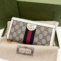美國百分百【全新真品】Gucci 皮夾 長夾 歐洲精品 配件 錢包 經典 logo印花 藍紅織帶 白色 BP47