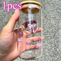 A NEW  500ml/16.9oz Cherry Bow Glass Tumbler Mason Jar Shaped Water Bottle with Lid and Straw for Ic
