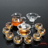 茶具家用全套玻璃蓋碗套裝大號耐熱加厚透明紅茶泡茶杯組功夫茶具