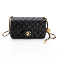 【CHANEL 香奈兒】Classic Flap bag(小羊皮/金黑雙色鏈帶/金球-20cm)