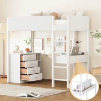 Twin Size Teddy Fleece Loft Bed Wood Bed, with Storage Shelf, Drawers, Desk, Convertible Desk, Three Color Options