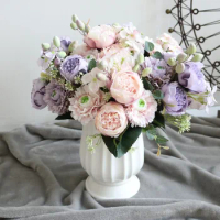 1 Bouquet peony fake flower 5 big head 4 small bud bride rose pink silk wedding home decoration fake flower