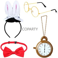 White Sweet Rabbit Costume Accessory Set 4 Pieces Bunny Ear Top Hat Bowtie Round Glasses Clock Props Easter Hallowee Photo Party