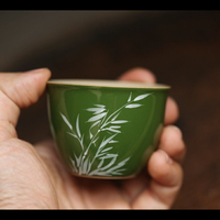 鸚鵡綠手繪竹葉杯高溫陶瓷釉下純手工彩繪普洱主人杯特色茶盞茶具