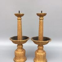 11"Tibet Temple Collection Old Bronze Gilding Flower texture oil lamp Candlestick A pair Worship Hall Town house Exorcism