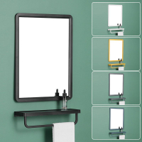 北歐浴室方形鏡子衛生間鏡子帶置物架免打孔壁掛廁所洗手間化妝鏡 鏡子 浴鏡 浴室鏡 壁掛鏡