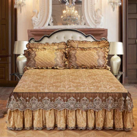 Luxury European Princess Bedding Set Bed Skirt Pillowcases Velvet Thick Warm Lace Bed Sheets Mattress Cover King Queen Size 3Pcs