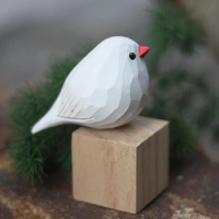Handmade wood carving white pearl bird ornament White Java Sparrow table decoration solid wood small fat bird crafts