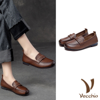 【Vecchio】真皮樂福鞋 低跟樂福鞋/全真皮頭層牛皮文藝風百搭休閒低跟樂福鞋(棕)