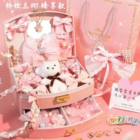 全城熱賣 - 生日禮物女孩子耶誕節送小女童9的10十5歲8發飾首飾盒6玩具12實用【雙層帶鎖扇盒】輕奢版-夢粉系公主（送小熊+項鏈+蝴蝶結）