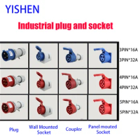 Industrial electric Waterproof Plug and Socket 3 4 pole 5 pin 16A 32A IP44 Wall mounted panel mount sockets coupler 220 380 415V