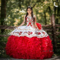 Hot Sale Red Quinceanera Dresses Mexican 2020 Tiered Ruffles Masquerade Formal Prom Dress Ball Gown Sweet 16 Dress Embrodery