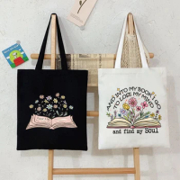 Books and Wildflower Canvas Tote Bag Women Bookworm Shoulder Bags Fashion Flower Trend Book Lovers Shopping Bag Teen Handbags
