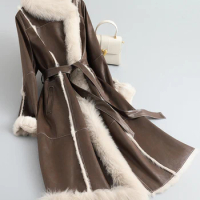 Haining rabbit fur coat for women's 2023 winter fur collar slimming mid length fur integrated coat