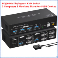Displayport KVM Switch 2 Monitors 2 Computers 8K@60Hz 4K@120Hz Dual Monitor 2 In 2 Out USB 3.0 KVM Switches Share 4 USB Devices