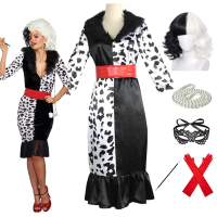 Gadis Wanita Cruella Cosplay Dewasa Cruella De Vil Pakaian Topeng Kalung Kostum Dalmatian Pakaian De