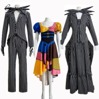 Movie Nightmare Jack Sally Cosplay Costume Skellington Stripe Coat Outfit Halloween Carnival Party Disguise for Men Christmas