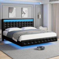 Queen Bed Frame with LED Lights, Floating Upholstered Headboard, Adjustable Height, Noise-Free Metal Frame, Queen Bed Frame