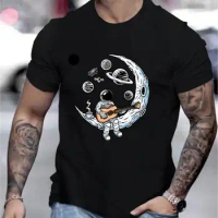 Anime Astronaut And Moon Graphic Print, Men's Novel Graphic Design T-shirt, Casual Comfy Tees For Summer, Men's Clothing Tops