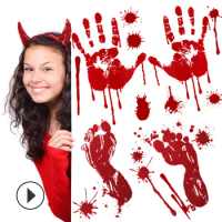 Halloween Bloody Handprint Stickers Decoration Window Door Wall Clings Floor Poster Bloody Window Stickers Halloween Party Props