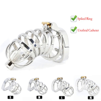 Best CBT Male Chastity Belt Device Stainless Steel  Cage  Ring Lock with Urethral Catheter Spiked Ring   For Men