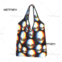 Reusable Psychedelic 3d Alien Fashion Grocery Bags Foldable Machine Washable Shopping Bag Large Eco Storage Bag Attached Pouch
