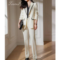 Tesco Women's Fashion Suit Sets Notch Collar Blazer Trousers 2 Piece Formal Pantsuit For Business Work Patchwork Jacket Women