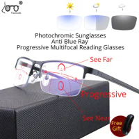 Photochromic Progressive Multifocal Reading Glasses Blue Light Blocking Computer Glasses Stainless Steel Spectacle Frame