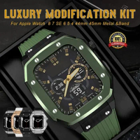 Luxury Modification Kit For Apple Watch Series 8 7 45mm Men Rugged Case For iWatch 6 5 4 44mm Metal Cover+Silicone Sports Strap