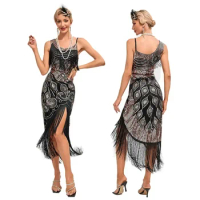 New Women 1920s Vintage Big U-Neck Flapper dress Great Gatsby Party Cocktail Dress Costume Sexy Ladies 20s Fringe Sling Dress