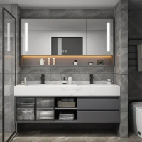 Luxury Bathroom Mirror Cabinet Double Basin Slate Integrated Ceramic Washbasin Bathroom Vanity Sink Cabinet Bathroom Furniture