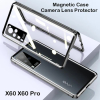 Magnetic Case for Vivo X60 Pro Plus 5G, Metal Bumper, Tempered Glass Cover, Camera Protector Film, Coque 360, X50, X80, X70, X90