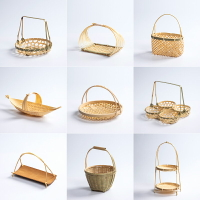 竹編小提籃圓形提手茶點水果籃子 糕點托盤創意小竹籃 多層竹編籃