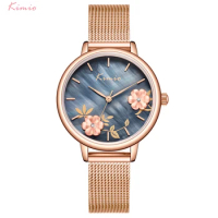 KIMIO Luxury Women Big Dial Watches Ladies Stainless Steel Mesh Belt Quartz Watch Embossed Waterproof Bracelet WristWatch