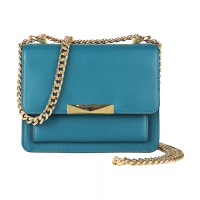 【Michael Kors】MICHAEL KORS JADE壓印LOGO牛皮翻蓋扣式鏈帶斜背風琴包(迷你/深青)