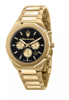 Maserati 【2年保修】 瑪莎拉蒂 Stile 系列45mm 黑色錶盤 男士金色鋼帶三眼計時石英腕錶 -R8873642001