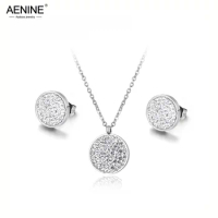 AENINE Trendy Stainless Steel Wedding Necklace Earrings Jewelry Classic Pave Setting CZ Crystal Circle Sets For Women ASE016