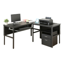 【DFhouse】頂楓150+90公分大L型工作桌+1鍵盤+活動櫃-黑橡木色