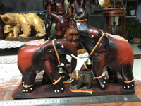 日本回流木雕擺飾，實木大象家族，一家四口，底座是外加固定，不