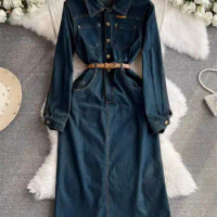 Full Sleeve Temperament Denim Dress 2024 Spring Summer For Women's New French High-End Retro Long Dr