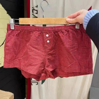 Plaid Buttons Trim Shorts Women Summer Clothes 2024 Cotton Elastic High Waist Kawaii Short Pants Girls 2000s Y2K Vintage Skort