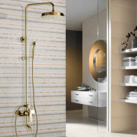 Shower Faucets Gold Brass Bathroom Shower Mixer Tap Faucet Set Rain Shower Head Round Wall Mounted Bathtub Faucet zgf305