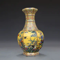 Bright Yellow Chinese Enamel Vases Qianlong Ceramic Vase Hexagonal Flowers And Birds Vintage Chinese Porcelain Vase 10 Inch