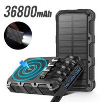 Solar Power Bank 36800mAh Powerbank Mobile Phone Charger External Battery Built in Cable for Xiaomi 14 iPhone Wireless Charger